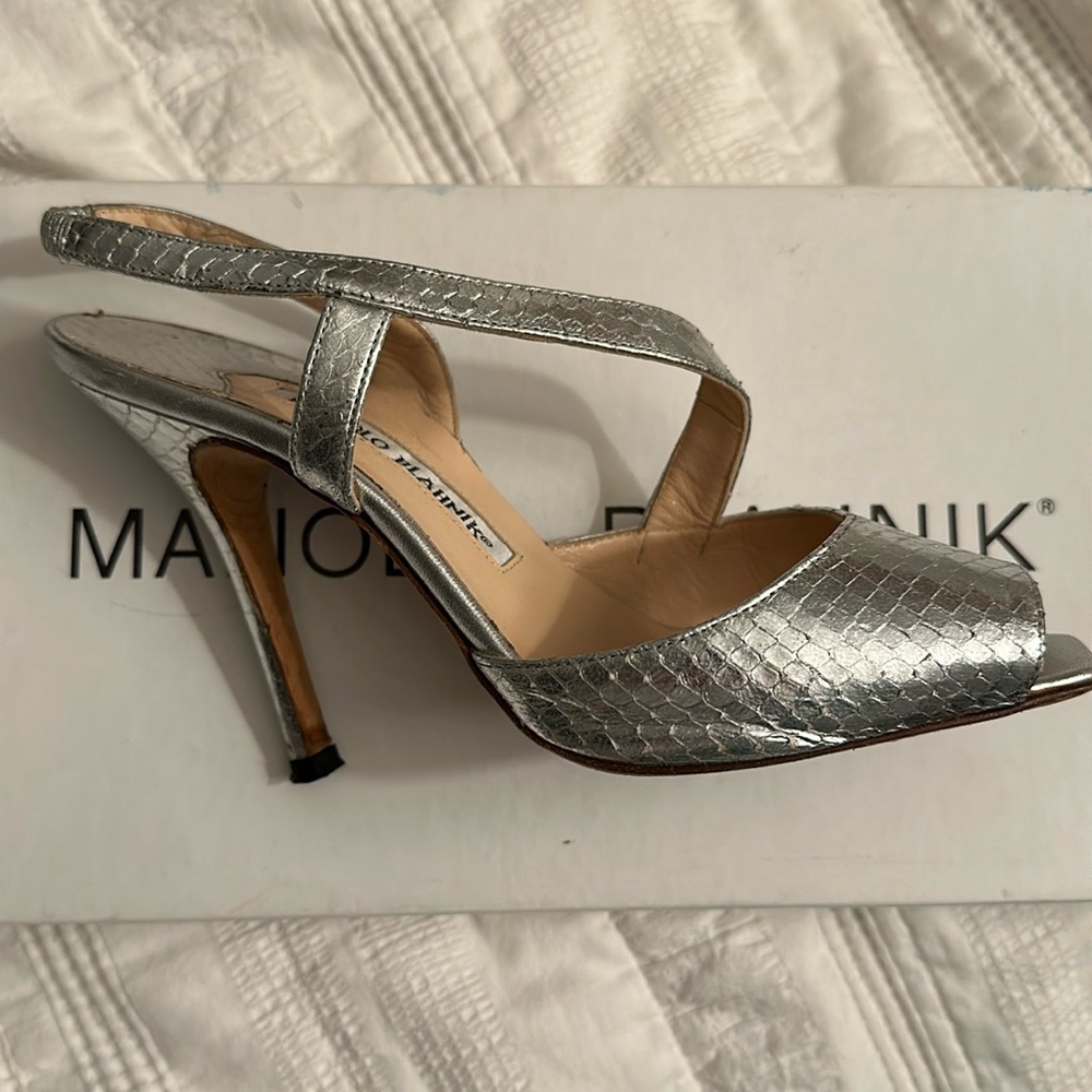 Silver snakeskin Manolo Blahnik Dianamus open toe sling back heels